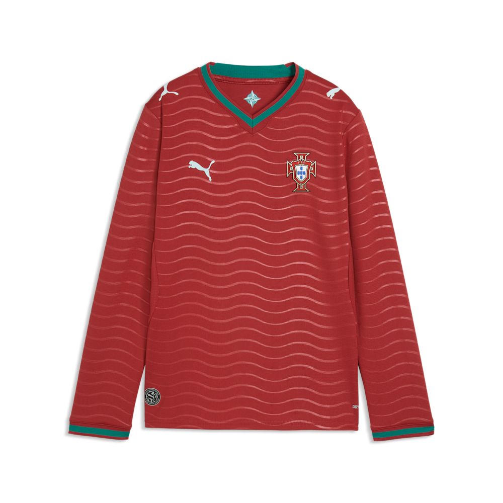 Kit Infantil Portugal I 2026/27 Manga Longa Vermelho Camisa e Shorts - vista frontal