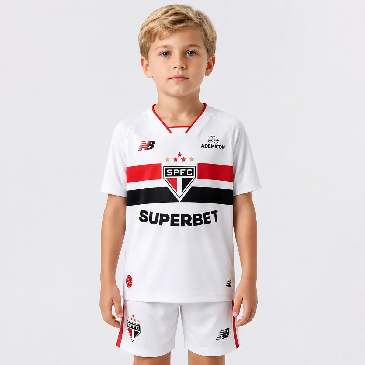 Kit Infantil São Paulo I 2026/27 Branco Camisa e Shorts - criança vestindo o kit