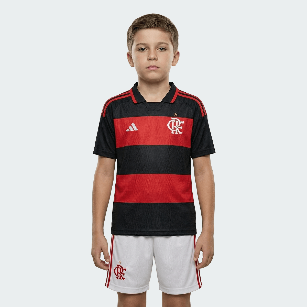 Kit Infantil Flamengo I 2026/27 Rubro-Negro Camisa e Shorts - criança vestindo o kit