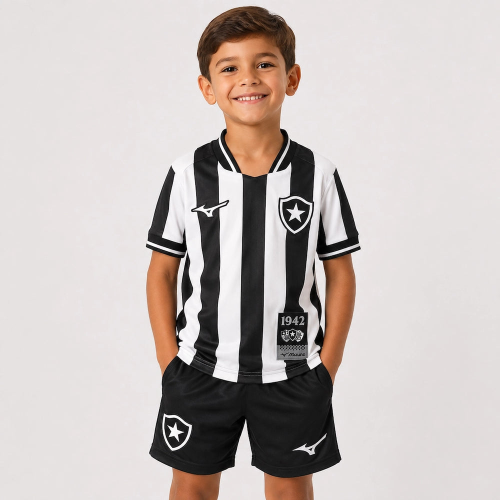 Kit Infantil Botafogo I 2026/27 Alvinegro Camisa e Shorts - criança vestindo o kit