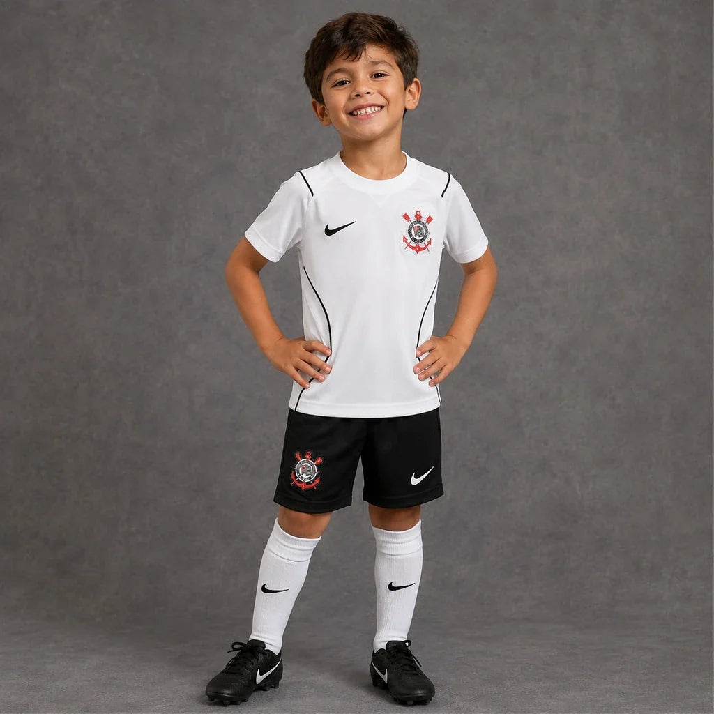 Kit Infantil Corinthians I 2026/27 Branco Camisa e Shorts - criança vestindo o kit